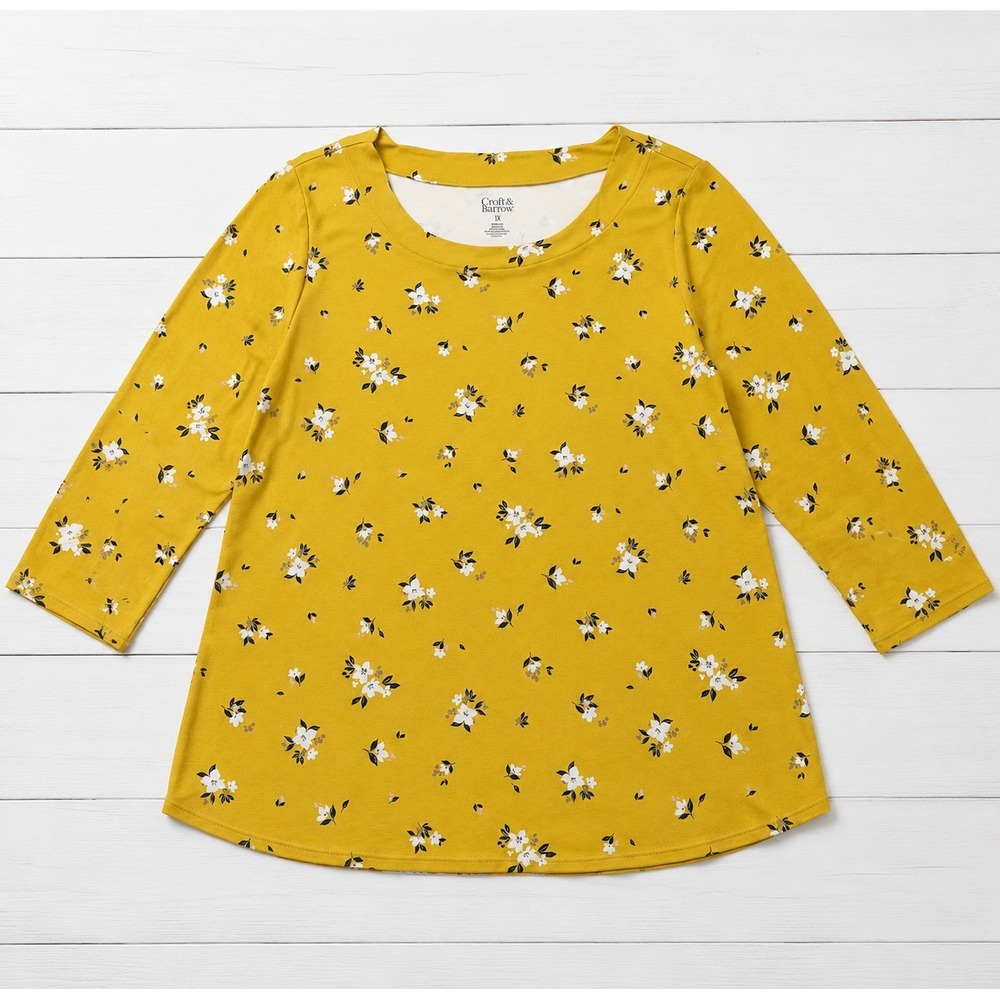 Croft & Barrow Top Yellow Floral Scalloped Neck Cotton Plus Size 1X